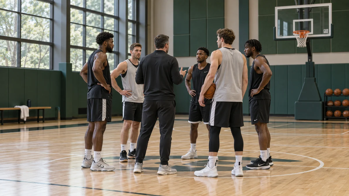 木地板篮球馆里队员围成半圈听教练讲解训练安排